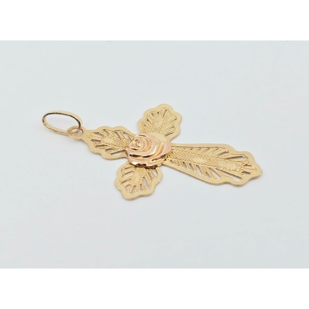 Unique 14K Two Tone Multi Color Gold Religious Floral Flower Cross Charm Pendant - Picture 7 of 11